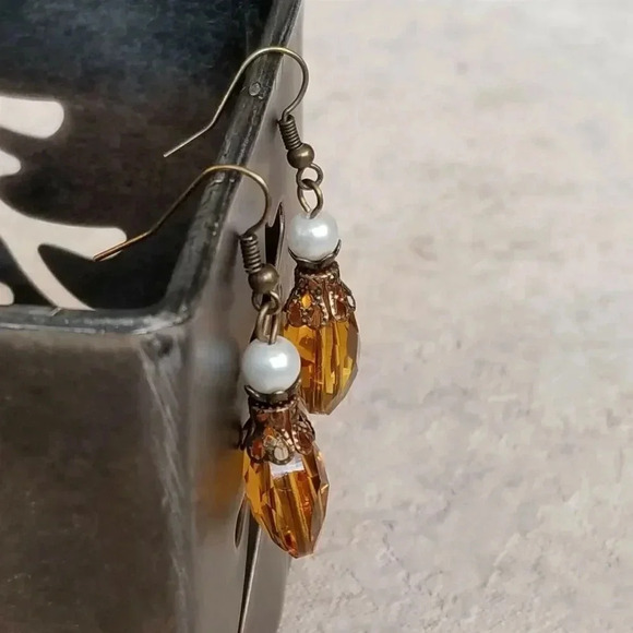 Handmade Steampunk Amber Faceted Glass Teardrop Antiqued Brass Dangle Earrings - Picture 3 of 6